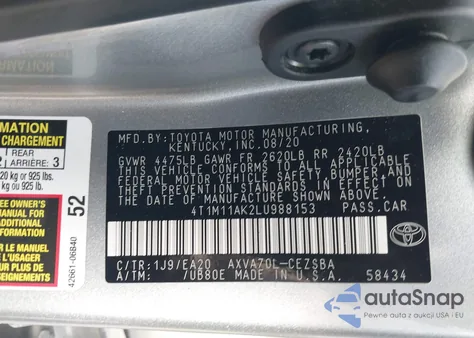 2020 Toyota Camry Se z USA, uszkodzony, nr VIN 4T1M11AK2LU988153